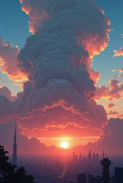 Very big clouds sunrise cyberpunk anime formation 