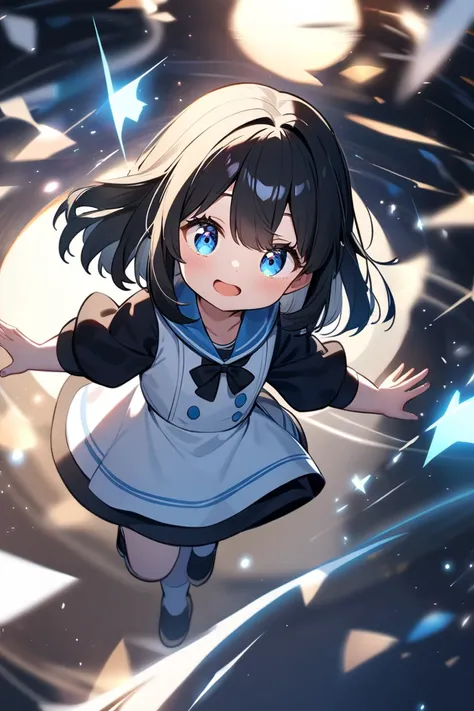 Little anime girl with blue eyes and short black hair 