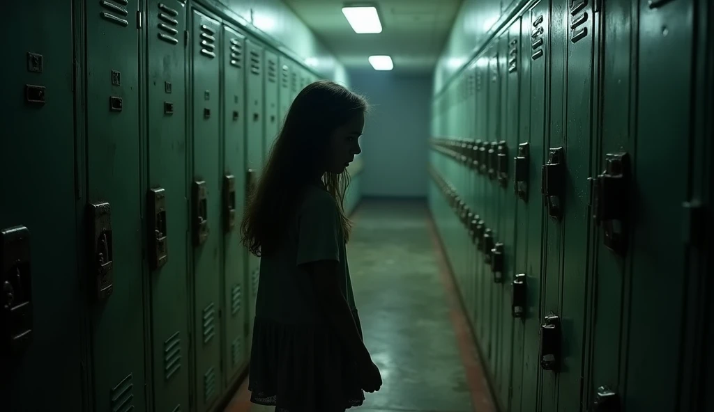 "A dimly lit high school locker room, filled with rusty old lockers. A teenage girl stands frozen near the doorway, her face reflecting terror. Behind her, one locker door is slightly ajar, and faint fog-like mist seems to seep from it. The room feels suff...