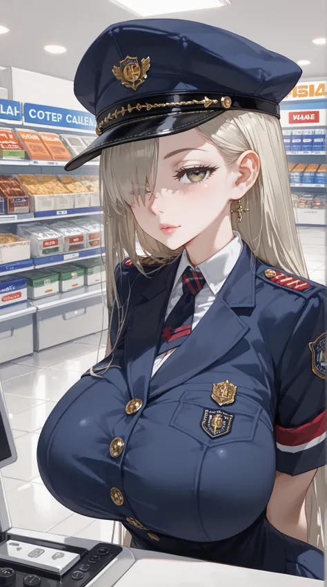 Close-up: A beautiful woman in a uniform with huge breasts that look like they might spill out is seducing at the cash register of a convenience store. She opens the front of her uniform to emphasize her cleavage.((Cover one eye with hair))