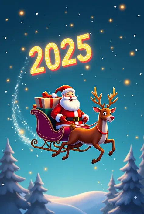 Happy New Year 2025 written , cartoonish,  santaclaus is flying in a sleigh across the sky with gifts glowing stars fall snow picture