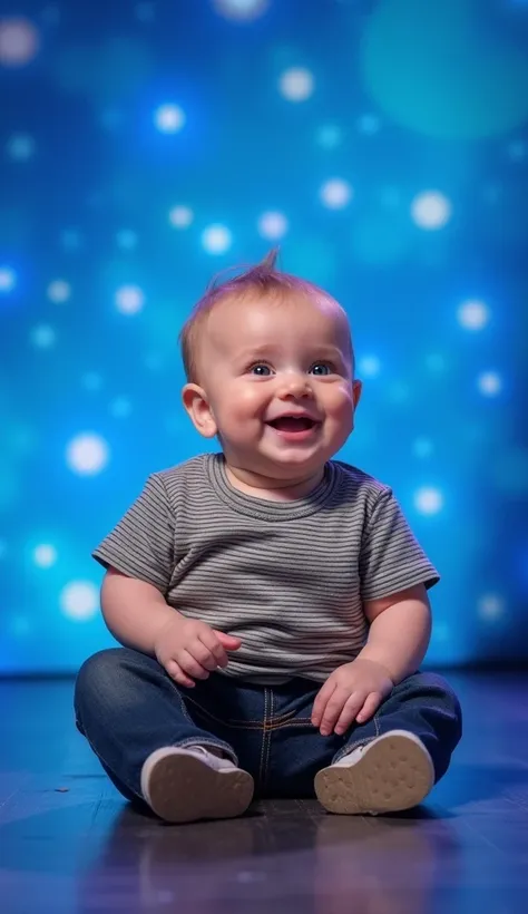 The image shows a baby performing on stage. The baby is wearing a gray striped shirt, dark jeans, and casual shoes. He is smiling and sitting on a stage against a bright blue background and twinkling lights, suggesting that he may be participating in some ...