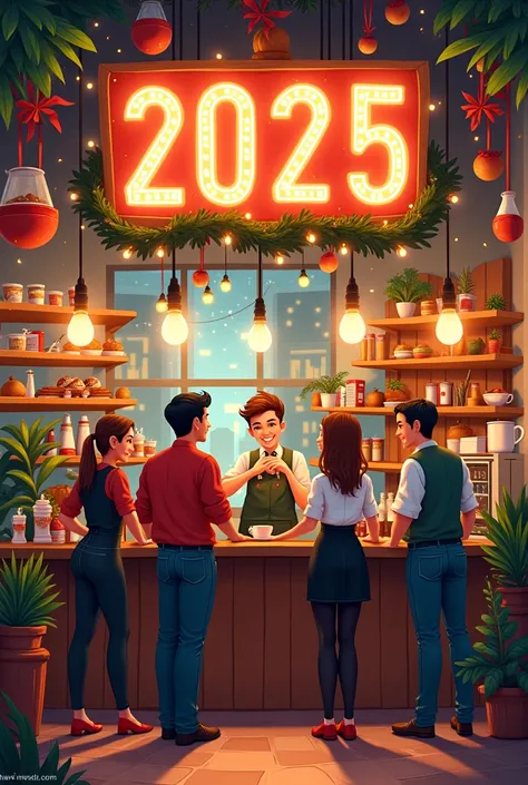 Generate a poster for 2025 new year . It should be related coffee shop