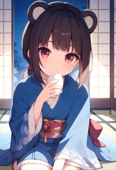 masterpiece, best quality, 1 cute small girl, short hair, dark brown hair, straight hair, straight bangs, fringe, low ponytail, bear ears, crimson eyes, japanesse kimono, on her room, night scene 