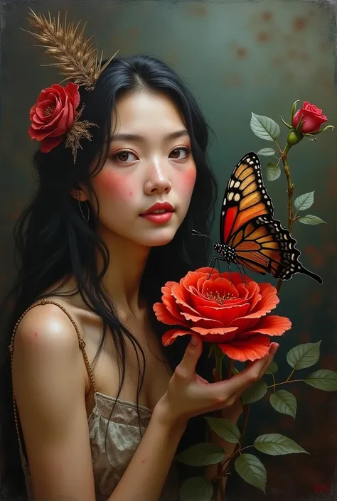 Oil painting of a magnificent Native American nymph, very beautiful and delicate, a closeup looking sweetly at a black butterfly with huge golden and red wings, which is perched on a crimson red rose