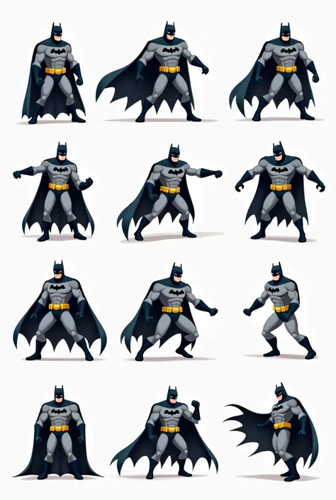 DC batman 2d icon collections with different movements, detailed, front view 