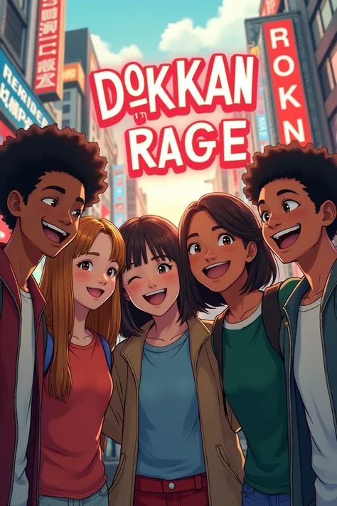 4 dark skin teen boys smiling with 2 teen girls in tokyo and on the says "Dokkan rage"