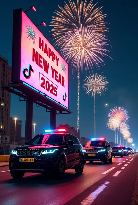 A large, vibrant billboard by the roadside with decorative elements inspired by TikTok, including TikTok logos, and the text "HAPPY NEW YEAR-2025" written in huge, colorful, and attractive letters. The billboard is surrounded by a modern urban setting at n...