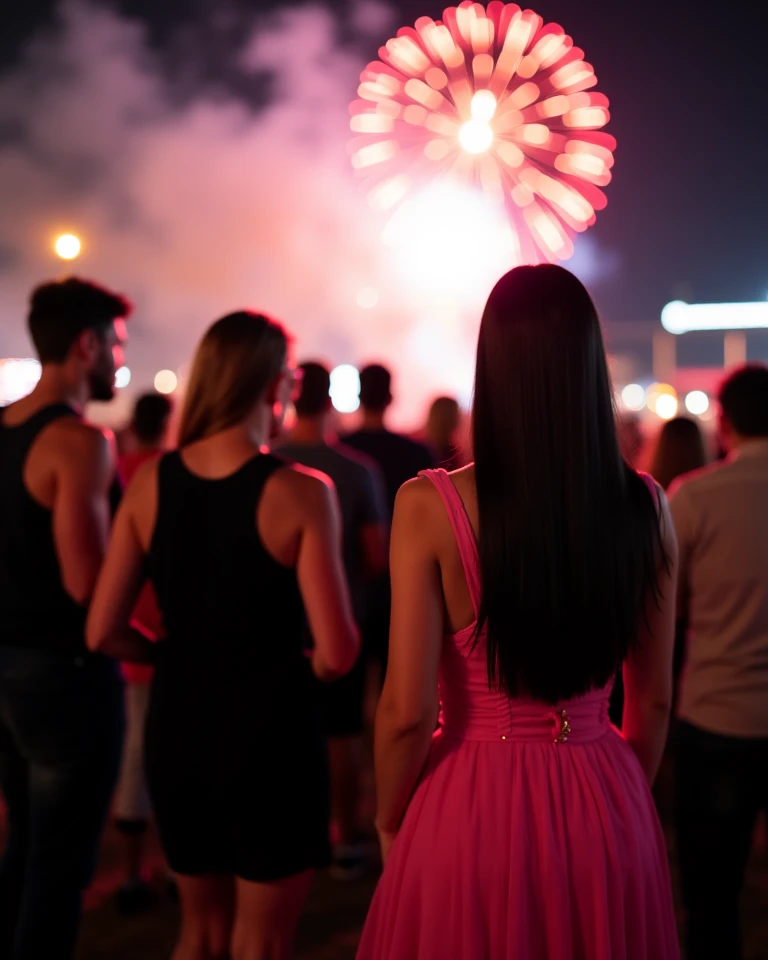 A lively outdoor celebration featuring a group of people watching a vibrant fireworks display in the night sky. The foreground shows a woman with her back to the camera, in a brilliant soft pink dress with some transparencies. The woman has a long straight...