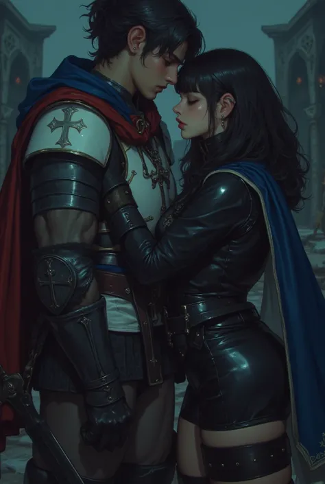 A handsome 20-year-old man with medium hair wearing colorful black armor and a black cape with matted hairstyle, and a handsome 20-year-old handsome man wearing white European medieval armor and a blue cape, black bangs with an up ponytail wearing white Eu...