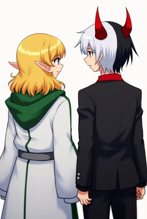 2 anime characters with their backs facing each other, the left one has blonde hair, elf ears and a white and green robe, the right one has white hair and half black, has devil horns, a red shirt and a black suit