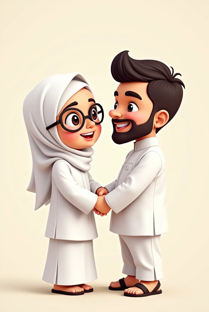 Can you please generate a photo?
Concept: This is basically a cartoon couple picture. The bride has worn white burka and hijab. She wears round glasses as well as she is really cute. Her skin colour is light brown. And the groom has worn white panjabi and ...