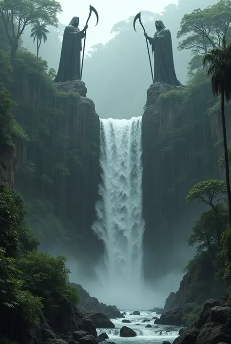 Waterfall guarded by two statues sculpted on the rock of the grim grim reaper with a scythe.In the tropical forest . Fog rain shades of gray .