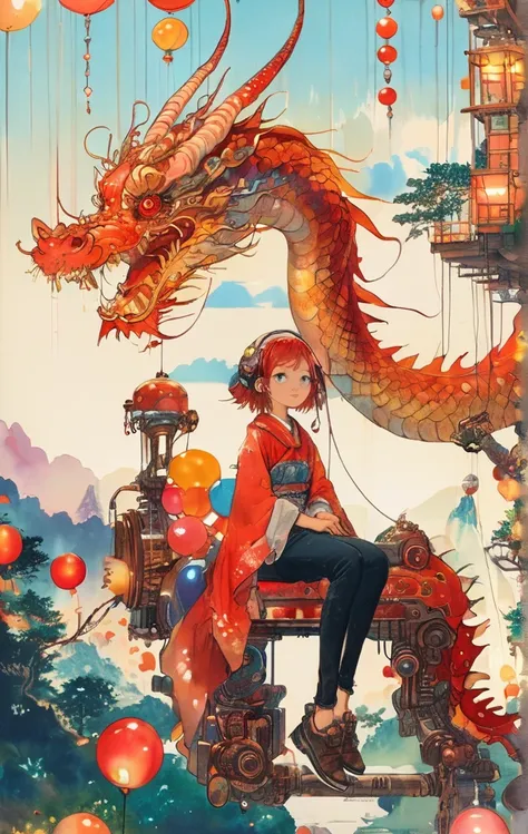 White Snake、The dragon dancesOn a bright red campus"YES"Character、A colorful and dreamy anime-style illustration of a young girl with short red hair, sitting amidst a vibrant, mechanical landscape. She is wearing a casual outfit with mechanical leg armor, ...