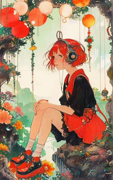 、The snake dancesOn a bright red campus"YES"Character、A colorful and dreamy anime-style illustration of a young girl with short red hair, sitting amidst a vibrant, mechanical landscape. She is wearing a casual outfit with mechanical leg armor, surrounded b...