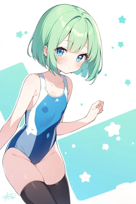 1 girl, cute, young, green hair, bob haircut, blue eyes,  one-piece swimsuit, thigh high, 