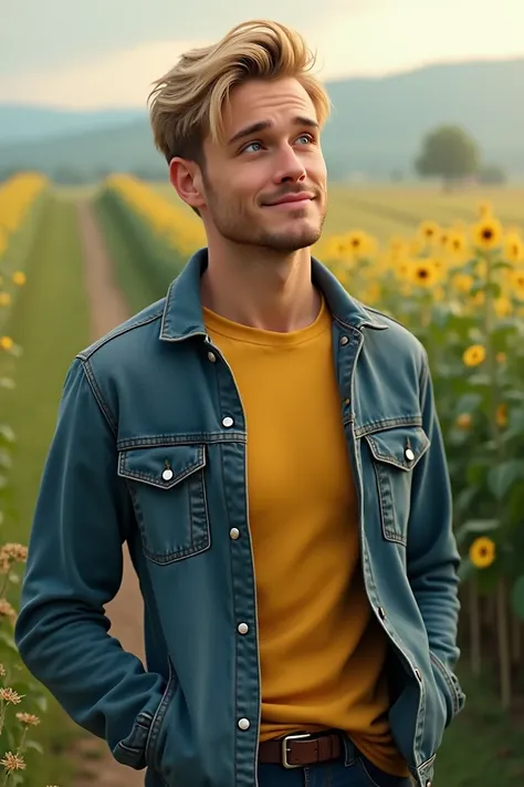 Creates a hyper realistic image of a man with blond hair, green eyes, a yellow shirt, a blue jacket and jeans who is in love with a farmer