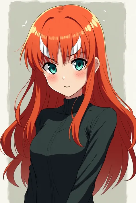 Create a female character for the anime Jujutsu Kaisën designed by Gegê Akutami, a young  girl with a full body, long red hair, fire-colored orange with two white locks highlighted in the front of her hair, clear blue-green eyes, body structure of a twelve...