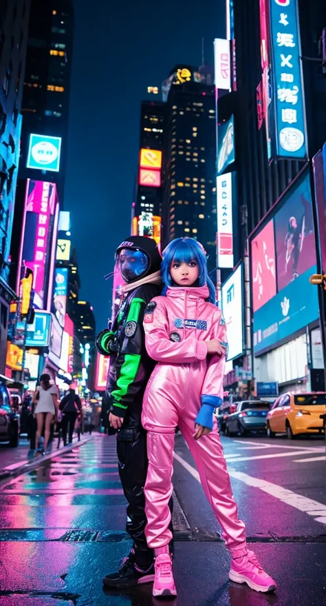 Together with a snake、anime girl, wearing astronaut suit, neon pink and blue colors, scars, stickers, neon style of whole shot、 New York cityscape 、