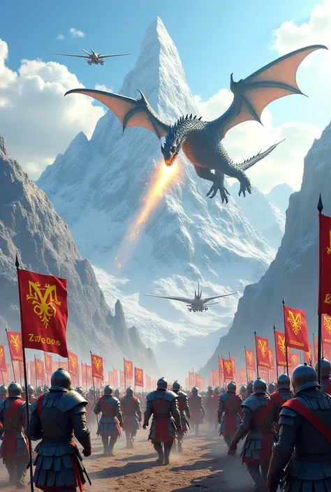  A drawing showing medieval soldiers with flags wherever you can see "7g",  a flying dragon and spit fire planes in the air, And a mountain in the background where it reads 2025 