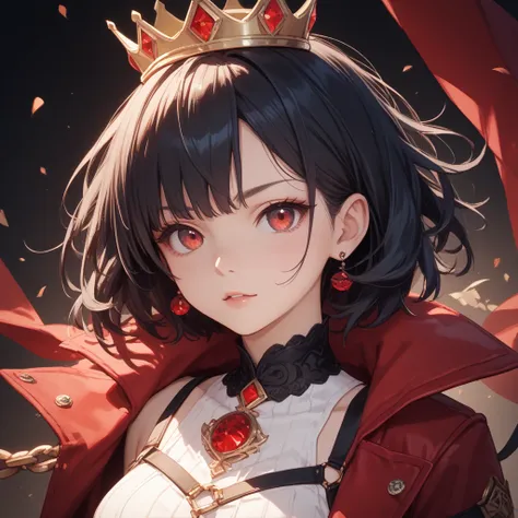 Girl, black hair, red eyes, Red jacket, black crown with red details