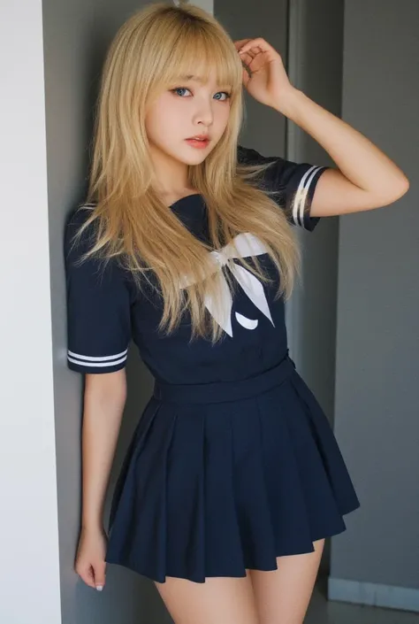 A blonde gyaru schoolgirl with blue eyes and very tanned skin, wearing a dark blue school uniform with a short skirt.