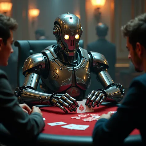 A robot playing poker holds cards in his hands