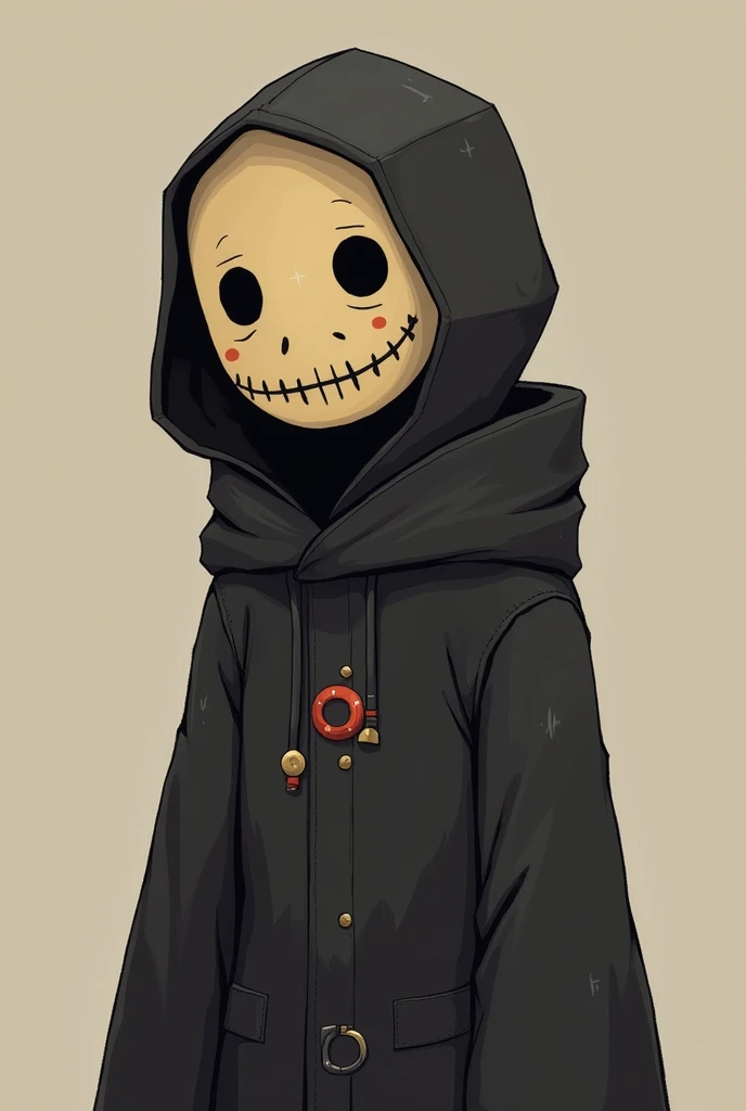 Fanart of a cute carácter design, minimalistic and easy to edit, simple painted, From Dark Souls with the Mask of the Mother From Dark Souls expressiong emotion on The Mask as it is its face, with clothing of Chester also From Dark Souls