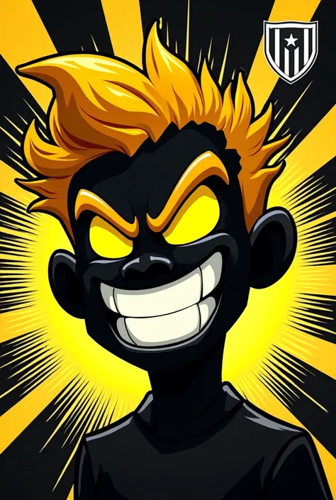 (comic book style:1.3), a **highly stylized character** with a **completely black silhouette**, outlined in **vibrant yellow** for high contrast. The character features a wide, exaggerated grin with **sharp white teeth** and glowing **yellow eyes**, exudin...