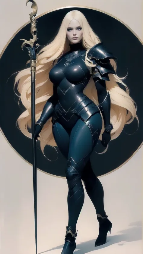 European Women, (Wide hips), ( long blonde hair)), dark blue wallpaper ,  (Wearing Locked Armor),  Dark and Melancholy Ambience , ( She wears metal leggings on her feet), (Holding a metal stick )