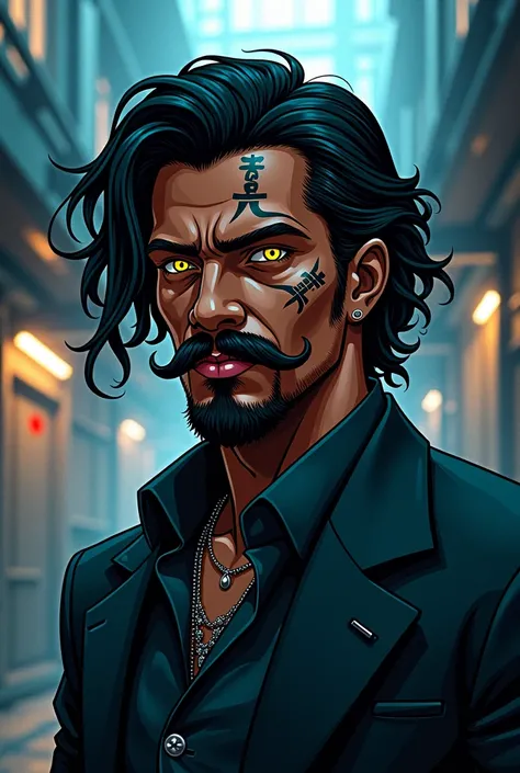 cabello negro,  yellow eyes, Arabian skin ,  Young man ,  cyberpunk factory , businessman, ganster, thick moustache , African, Anime style, ritual marks on the skin,  deep look , portrait, Cyberpunk , Psychopathic expression