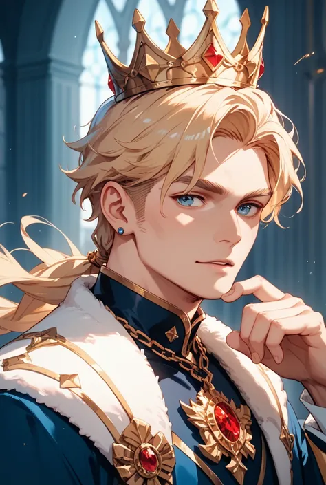 Blond-haired man wearing a crown, an old retired king 