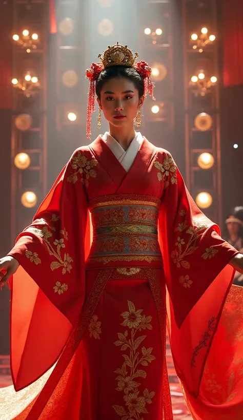 The image of a Japanese woman wearing her typical red and gold costumes on the stage of the iconic American Got Talent