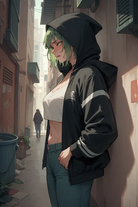 A girl with big boobs and green hair in a black hood is forced to stand in a back alley by multiple guys and has intense sex