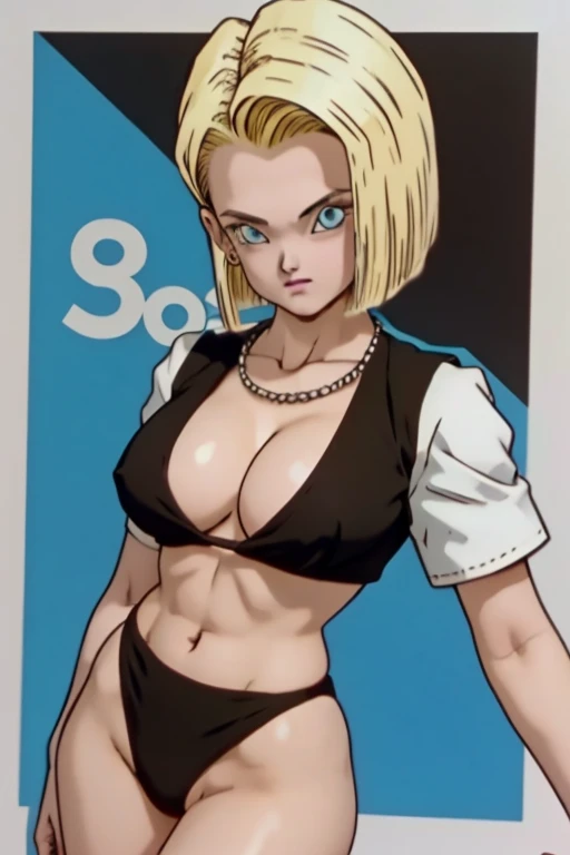  Pretty girl with short blond hair  ,  blue eyes and beautiful and detailed dark face makeup, Android 18, dragonball z.  Slender body big breasts ,   wide hips and thin waist, big and shapely legs ,  bikini negro, capsule corp Logo .  realistic  