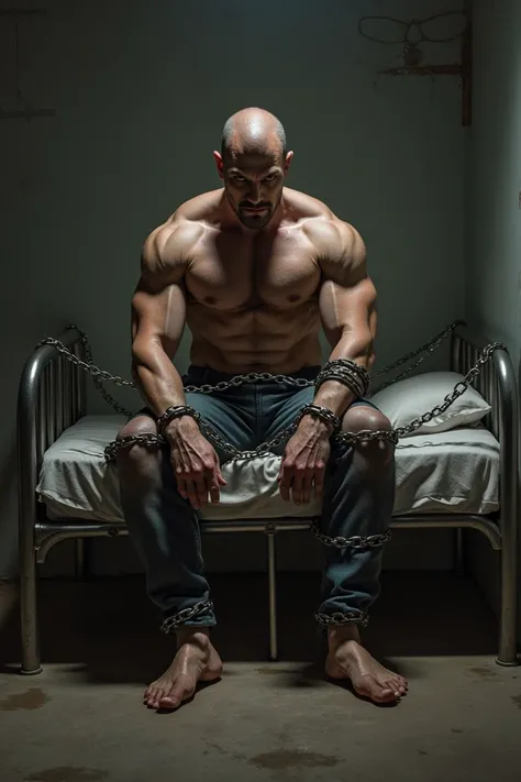 Imagine a man in brief  , that each arm and leg are chained to the edges of a bed