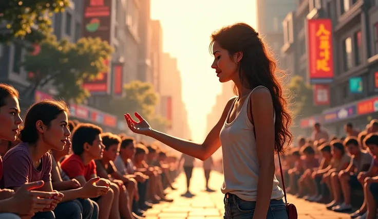 Charming and sweet image ,  with a beautiful woman reaching out to a group of poor people sitting on the street.  Create a scene about charity , empathy and solidarity , Whats going on in the city .