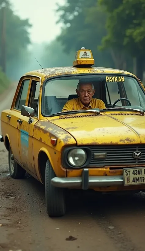 A dilapidated yellow Paykan taxi, with rust on the edges and smoke rising from the exhaust pipe, struggling to move down a rough, uneven road. The taxis tires are worn out, and the body is battered. Inside, an elderly man with a tired expression, wearing a...