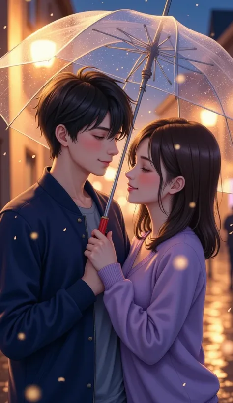 Create a romantic anime-style illustration of a young couple standing close under a transparent umbrella during a rainy evening. The setting features glowing golden lights from street lamps and blurred bokeh effects in the background, creating a warm and d...