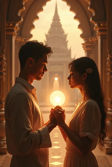 Create an ai image where a couplMake an ai image for two lovers holding their but do not show lovers,, show a miracles inbetween the hands of that loverse praying infront of a temple for their dreams  