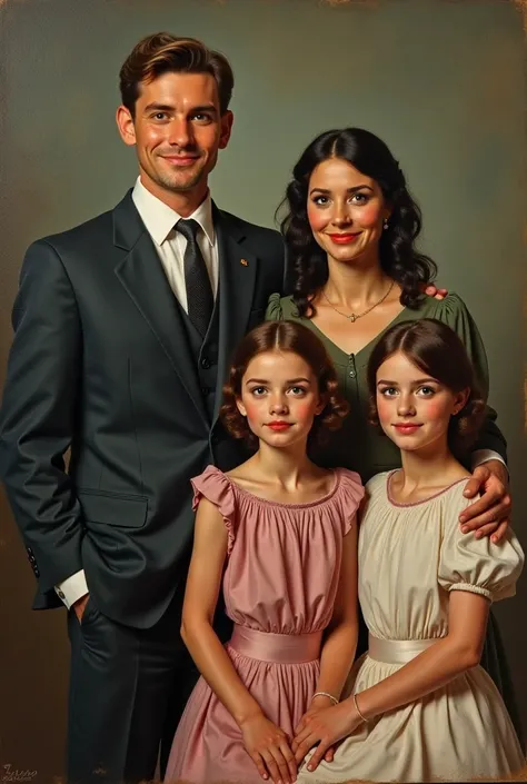 Create an image of a Monte Verde family painting,  a rich family from 1926 ,  follow the following description :

1.  Antônio Monte Verde : A 46 year old man, with brown hair,  Athletic body.


2.  Joralma Monte Verde : 45-year-old woman, very beautiful, c...