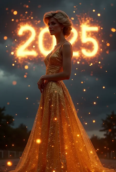 Princess Diana stands in a golden sparkling dress, against the background of the dark sky, colorful sparks appear in the sky that turn into the number 2025. Very realistic and dynamic