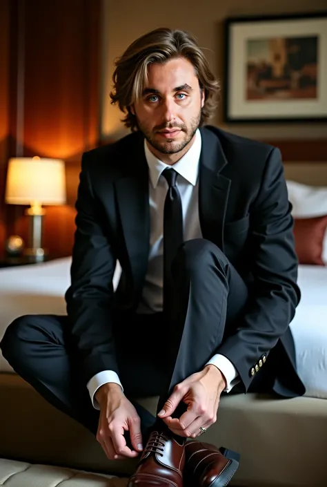 They took a picture of me , I am a man, 1  , 84,  medium length hair ,  blue eyes,  wearing a white shirt  , , tie and a black coat sitting on the bed fixing my black shoes.  A Luxury Room 