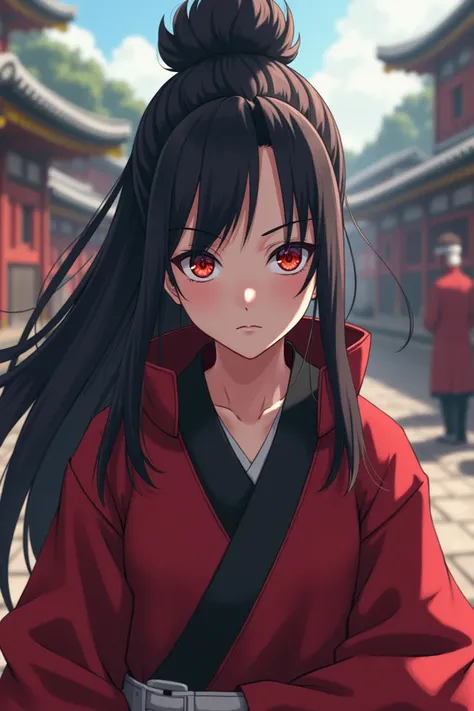 anime naruto:  haruna toshi she and the Uchinha clan have long hair and half of her hair is tied with a bun, She has a rare charingam and a rare Susanoo  