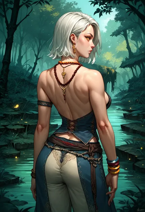 score_9, score_8_up, score_7_up, source_anime, KeiraMetzSDXL,1girl, swamp, medium hair, breasts, outdoors, yellow eyes, jewelry, white hair, earrings, necklace, bracelet, cowboy shot, from behind, looking back,