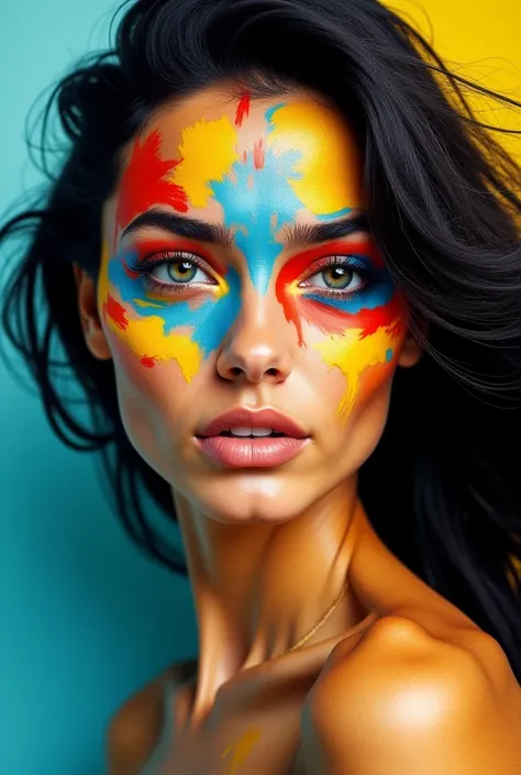 A very beautiful woman with her face painted yellow,  blue and red  