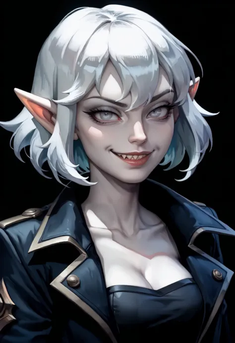 one woman, briar from league of legends, (pale skin, grey skin:1.3), pointy ears, sharp teeth, (pale eyes:1.2), white hair, straight bangs, (upper body:1.3), (black background, clear background:1.5), (black military jacket:1.2), (studio lights, deep shadow...