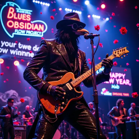 Stadium Blues Rock concert. The band "The Obsidian Flow Project" rocks the stage. The focus on their lead singer and guitarist, Obsidian Crow, a muscular humanoid crow donned in an ornate black and gold shining suit made if diamonds, a black fedora pulled ...