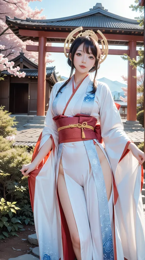 A mystical scene at the summit of Mount Fuji during sunrise, featuring a realistic white snake as a divine messenger. The background is fantastical and glowing with a radiant, ethereal atmosphere. A cute young woman dressed as a traditional Japanese shrine...