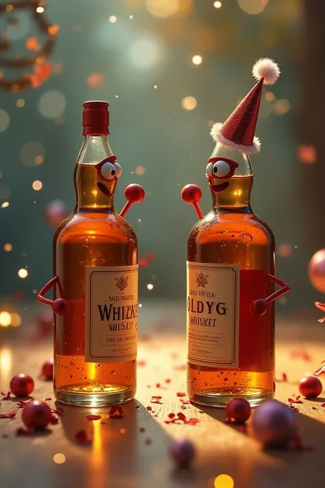 Create an illusionary image of 2 whisky bottles talking to each other about new year celebrations.